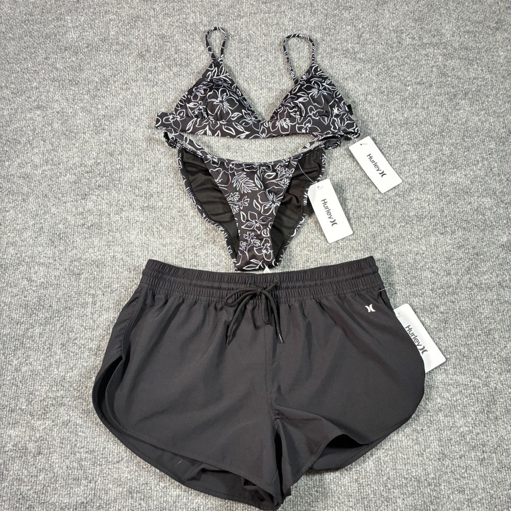 Hurley 3 Piece Bikini Set Womens S Black Floral Swimsuit Board Shorts Surf